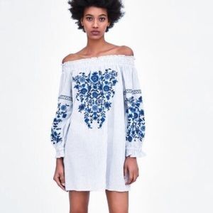 Zara White and Blue Off-Shoulder Dress